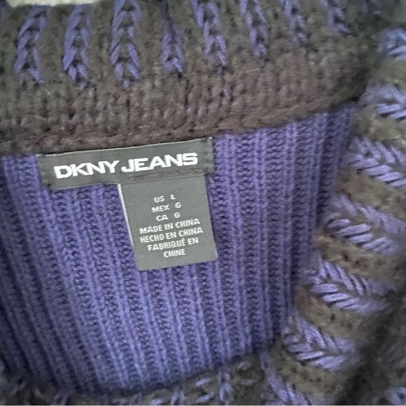 DKNY Women’s Cowl Neck Ribbed Knit Navy Blue and Black Sweater size L - Picture 2 of 3